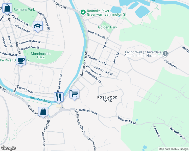 map of restaurants, bars, coffee shops, grocery stores, and more near 1606 Redwood Road Southeast in Roanoke