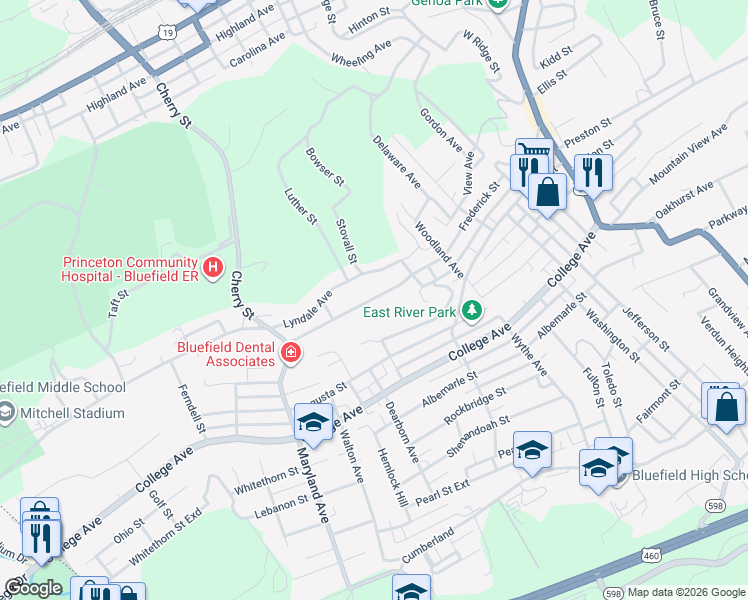 map of restaurants, bars, coffee shops, grocery stores, and more near 820 Frederick Street in Bluefield