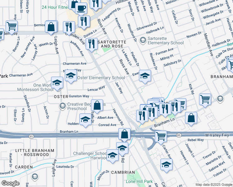map of restaurants, bars, coffee shops, grocery stores, and more near 4398 Camden Avenue in San Jose