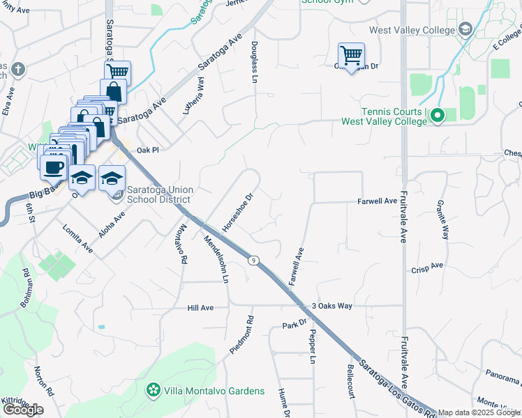 map of restaurants, bars, coffee shops, grocery stores, and more near 14582 Horseshoe Drive in Saratoga
