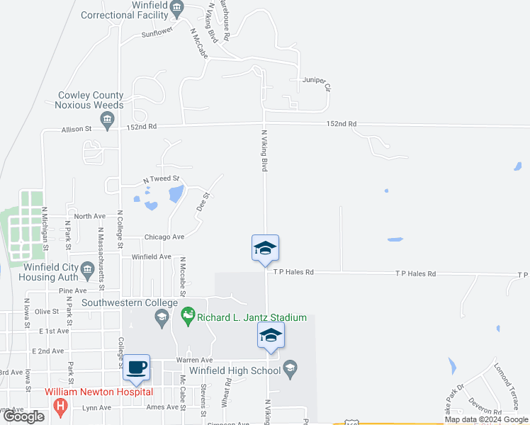 map of restaurants, bars, coffee shops, grocery stores, and more near North Viking Boulevard in Winfield