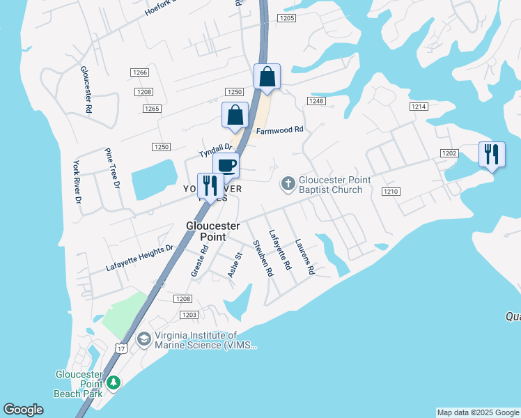 map of restaurants, bars, coffee shops, grocery stores, and more near 7685 Terrapin Cove Road in Gloucester Point