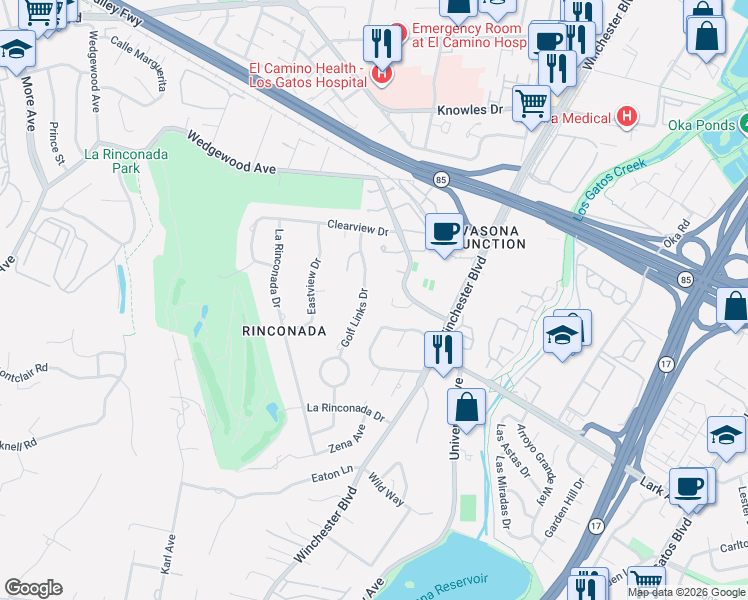 map of restaurants, bars, coffee shops, grocery stores, and more near 14640 Golf Links Drive in Los Gatos