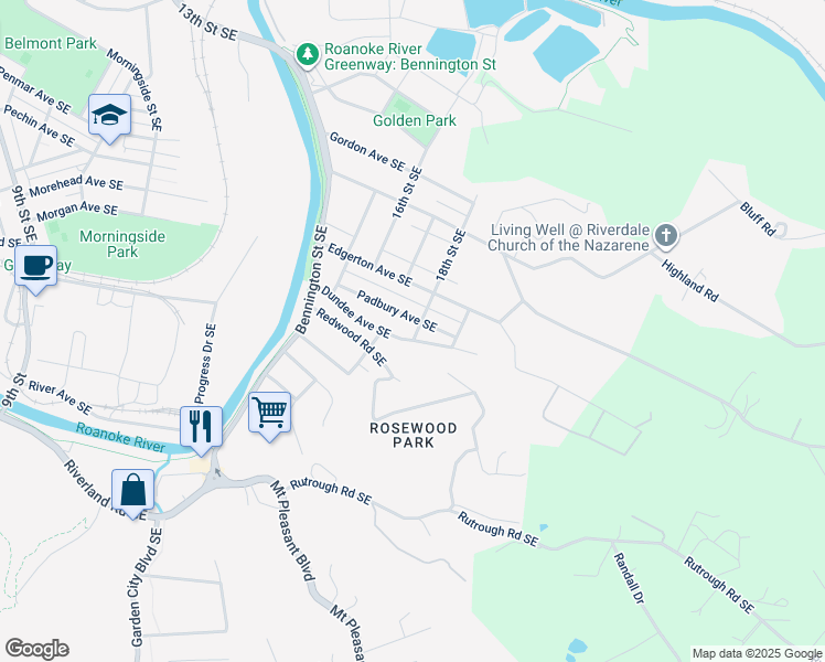 map of restaurants, bars, coffee shops, grocery stores, and more near 1725 Padbury Avenue Southeast in Roanoke