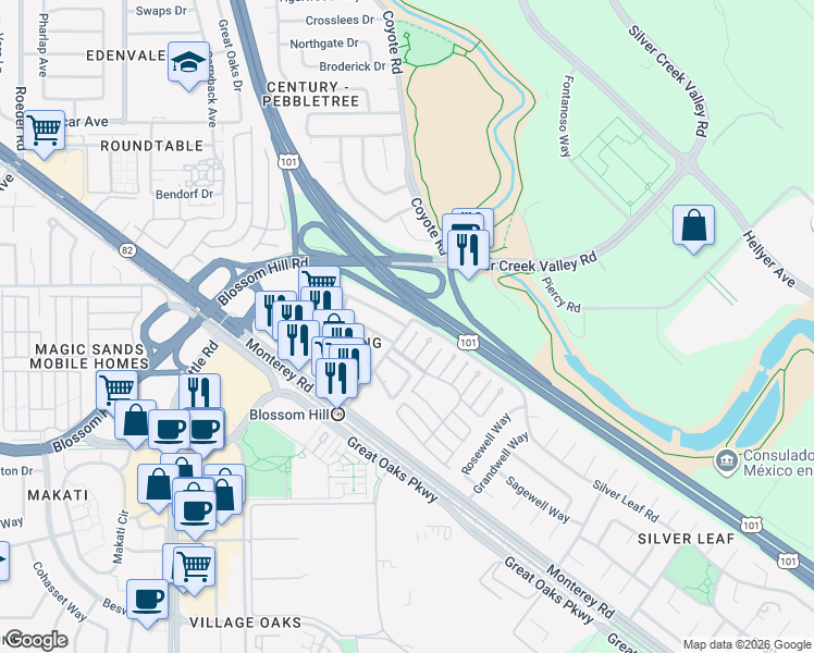 map of restaurants, bars, coffee shops, grocery stores, and more near Ford Road & Demerest Lane in San Jose