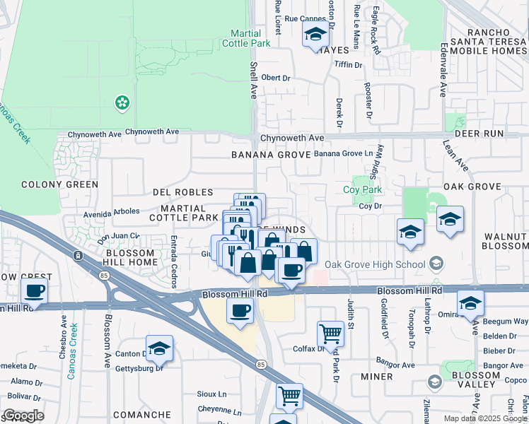 map of restaurants, bars, coffee shops, grocery stores, and more near 291 Sumba Court in San Jose