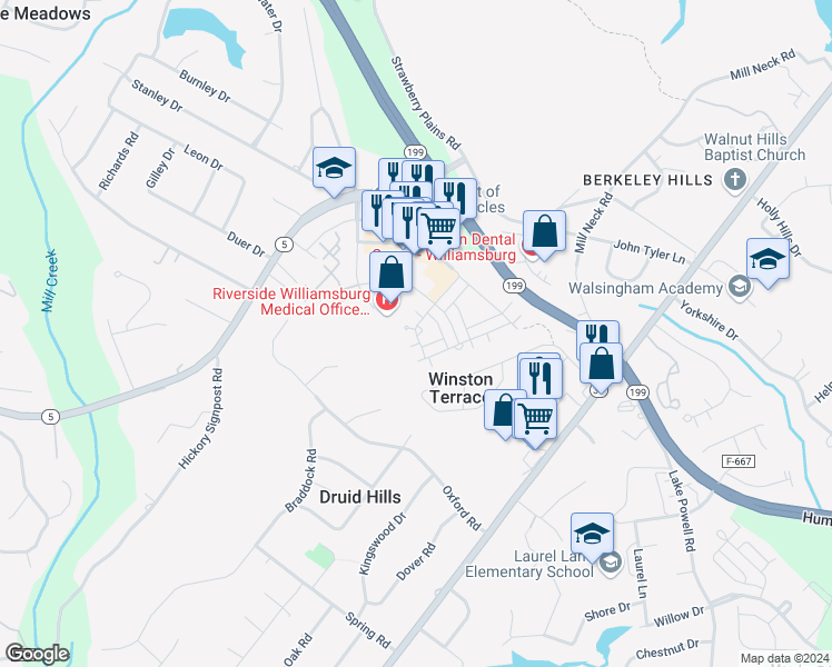 map of restaurants, bars, coffee shops, grocery stores, and more near 304 Promenade Lane in Williamsburg