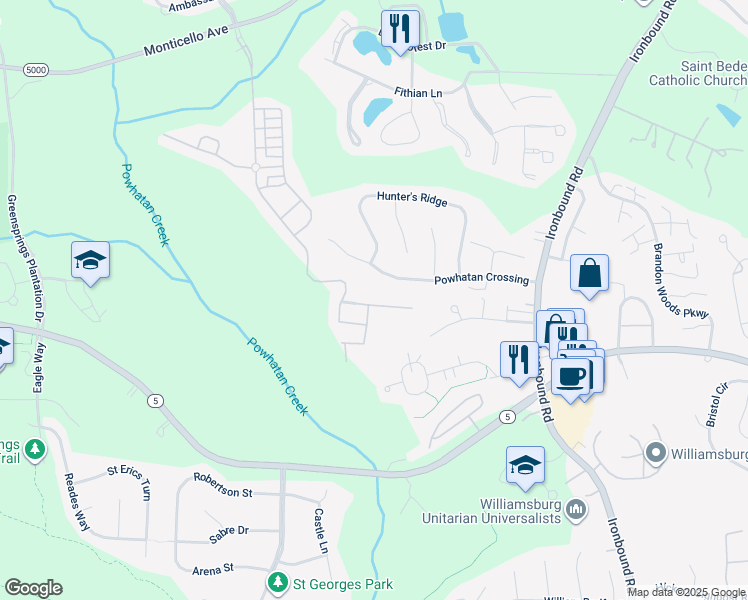 map of restaurants, bars, coffee shops, grocery stores, and more near 4211 Berry Square in Williamsburg