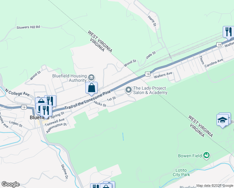 map of restaurants, bars, coffee shops, grocery stores, and more near 100-102 Meadows St in Bluefield