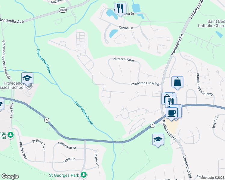 map of restaurants, bars, coffee shops, grocery stores, and more near 4469 Powhatan Crossing in Williamsburg