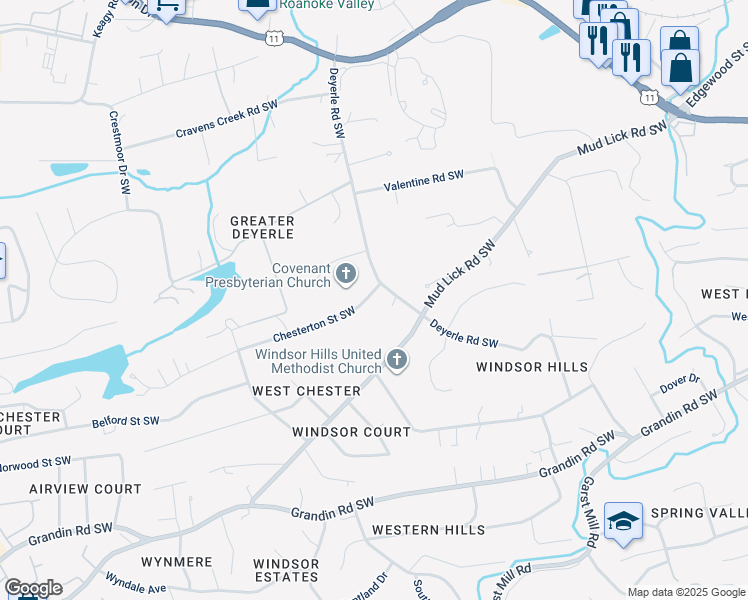 map of restaurants, bars, coffee shops, grocery stores, and more near 3716 Chesterton Street Southwest in Roanoke