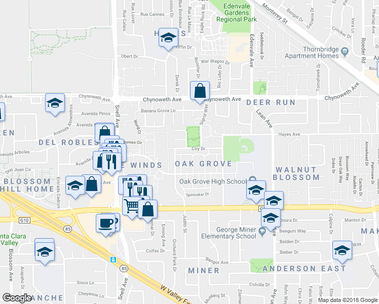 map of restaurants, bars, coffee shops, grocery stores, and more near 212 Coy Drive in San Jose