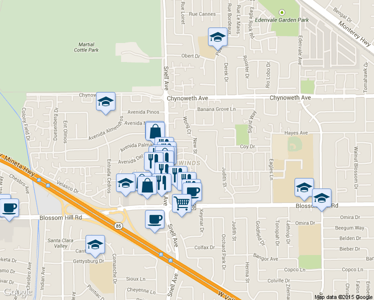 map of restaurants, bars, coffee shops, grocery stores, and more near 5298 Borneo Circle in San Jose