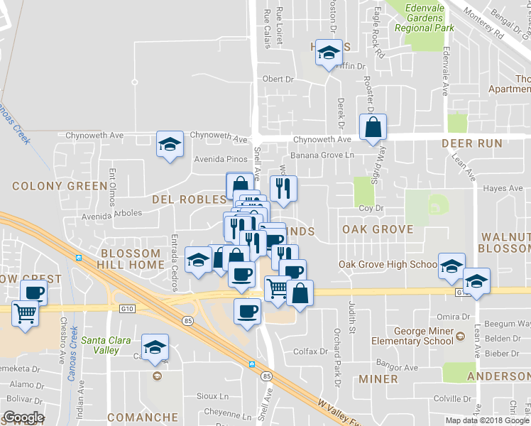 map of restaurants, bars, coffee shops, grocery stores, and more near 291 Sumba Court in San Jose