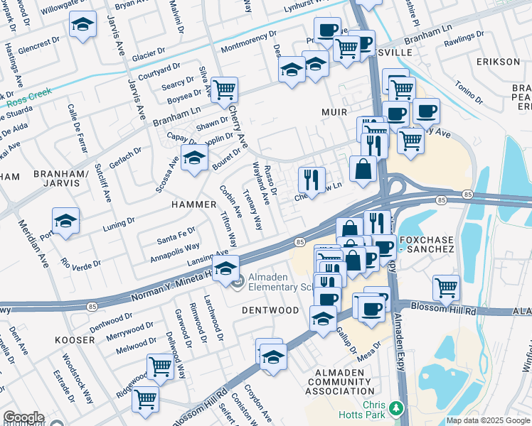 map of restaurants, bars, coffee shops, grocery stores, and more near 5026 Wayland Avenue in San Jose