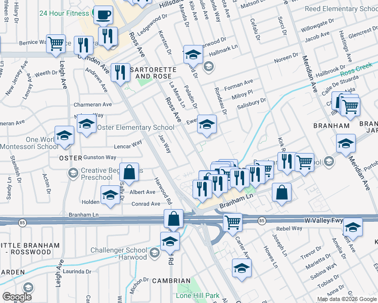 map of restaurants, bars, coffee shops, grocery stores, and more near 1717 Pasatiempo Drive in San Jose