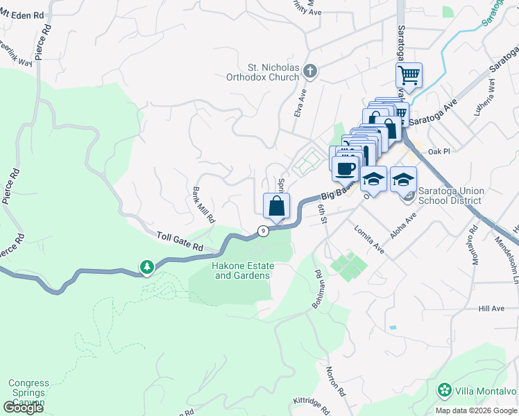 map of restaurants, bars, coffee shops, grocery stores, and more near 14680 Fieldstone Drive in Saratoga