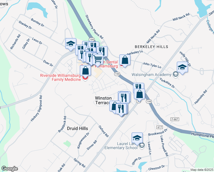 map of restaurants, bars, coffee shops, grocery stores, and more near 5304 John Tyler Highway in Williamsburg