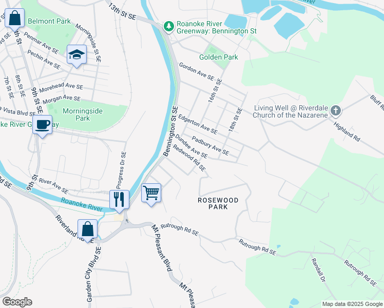 map of restaurants, bars, coffee shops, grocery stores, and more near 1606 Redwood Road Southeast in Roanoke