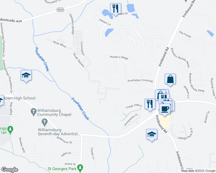 map of restaurants, bars, coffee shops, grocery stores, and more near 4211 Berry Square in Williamsburg