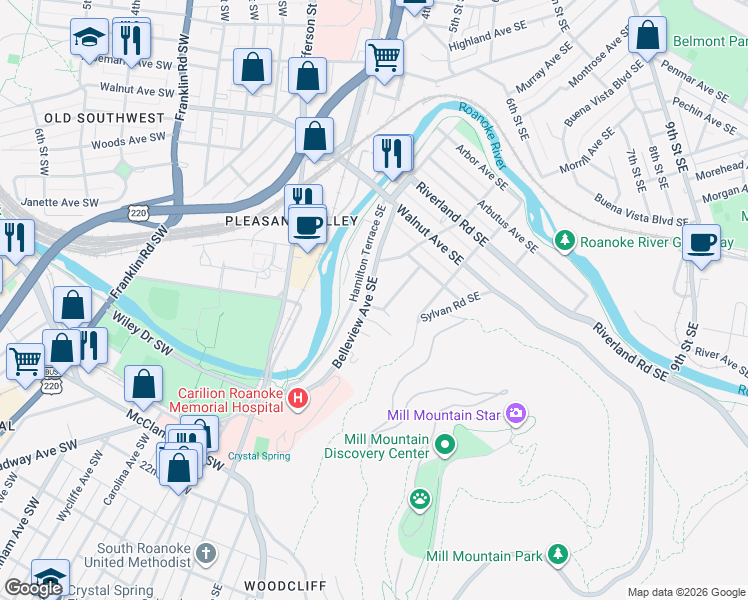 map of restaurants, bars, coffee shops, grocery stores, and more near 1339 Woodbine Street Southeast in Roanoke