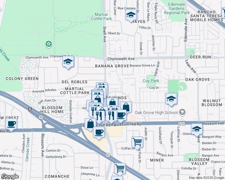 map of restaurants, bars, coffee shops, grocery stores, and more near 291 Sumba Court in San Jose