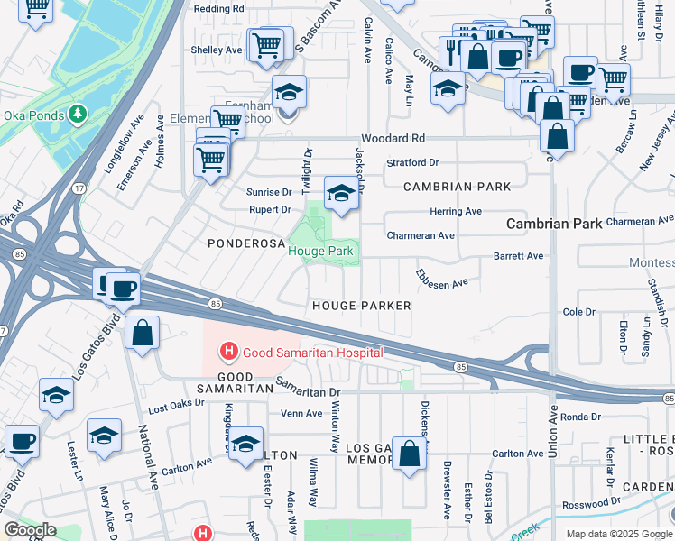 map of restaurants, bars, coffee shops, grocery stores, and more near 4121 Mystic Drive in San Jose
