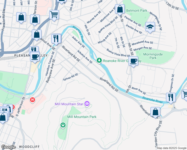 map of restaurants, bars, coffee shops, grocery stores, and more near 739 Riverland Road Southeast in Roanoke