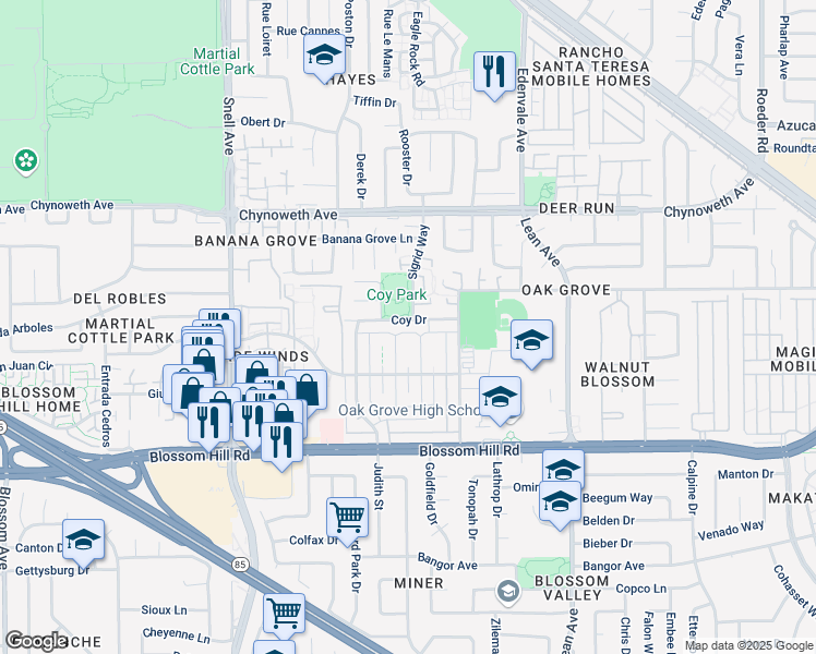 map of restaurants, bars, coffee shops, grocery stores, and more near 212 Coy Drive in San Jose