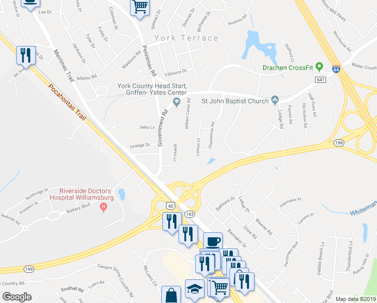 map of restaurants, bars, coffee shops, grocery stores, and more near 405 Cheeseman Road in Williamsburg