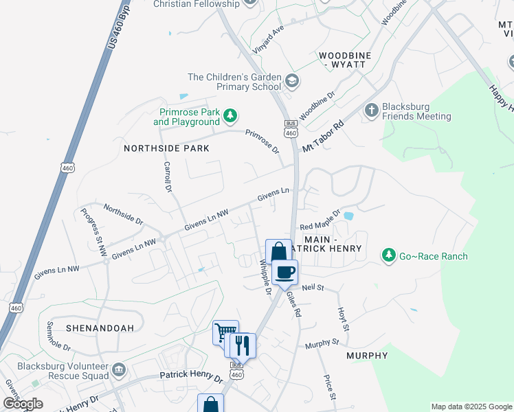 map of restaurants, bars, coffee shops, grocery stores, and more near 148-198 Givens Ln in Blacksburg