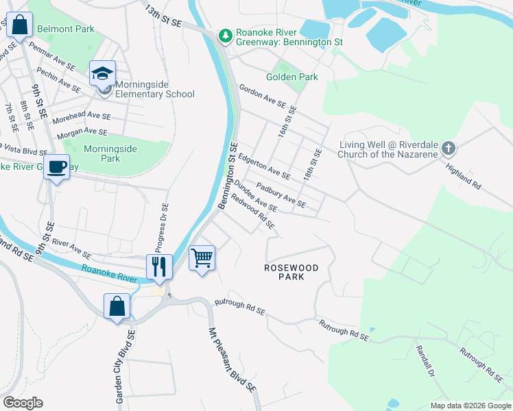map of restaurants, bars, coffee shops, grocery stores, and more near 1606 Redwood Road Southeast in Roanoke