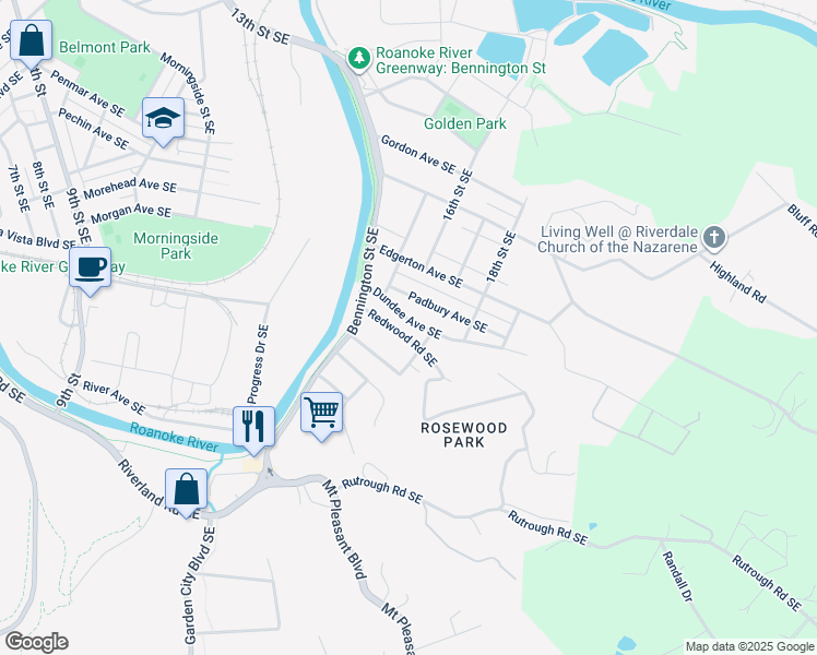 map of restaurants, bars, coffee shops, grocery stores, and more near 1624 Redwood Road Southeast in Roanoke
