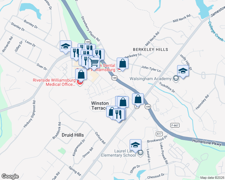 map of restaurants, bars, coffee shops, grocery stores, and more near 5311 John Tyler Highway in Williamsburg