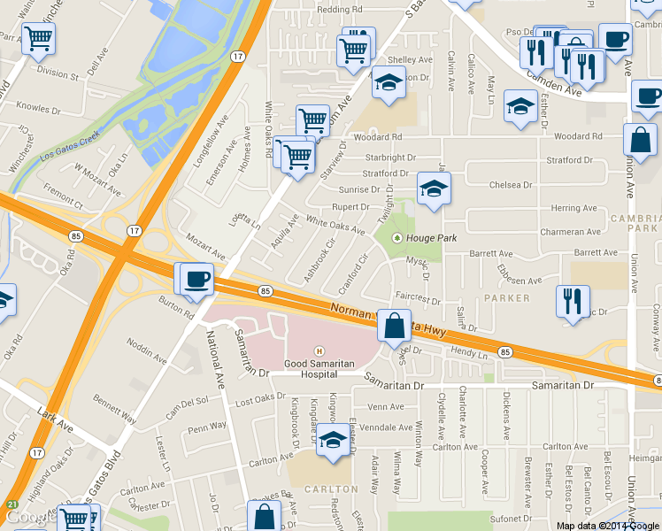 map of restaurants, bars, coffee shops, grocery stores, and more near 4114 Cranford Circle in San Jose