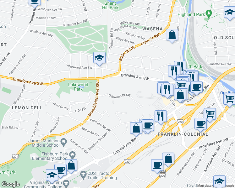 map of restaurants, bars, coffee shops, grocery stores, and more near 1015 Oakwood Drive Southwest in Roanoke