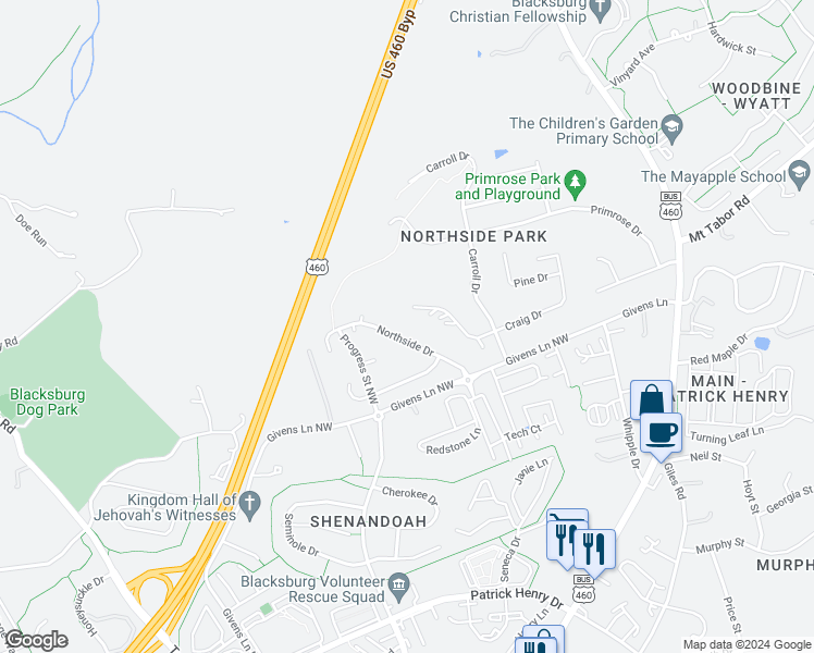 map of restaurants, bars, coffee shops, grocery stores, and more near 403 Craig Drive in Blacksburg