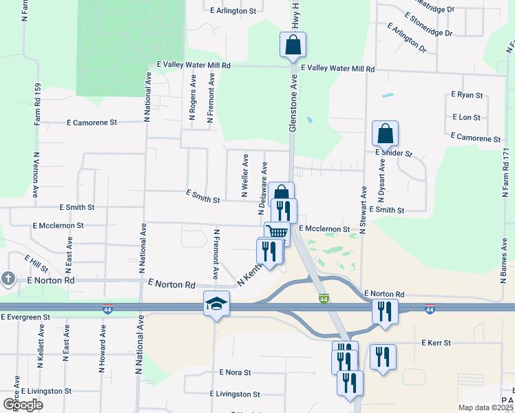 map of restaurants, bars, coffee shops, grocery stores, and more near 1526 East Smith Street in Springfield