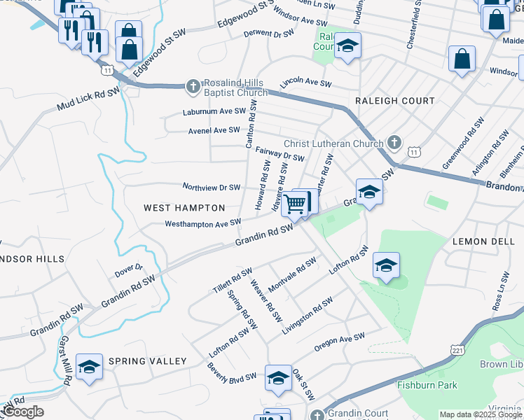 map of restaurants, bars, coffee shops, grocery stores, and more near 2382 Howard Road Southwest in Roanoke