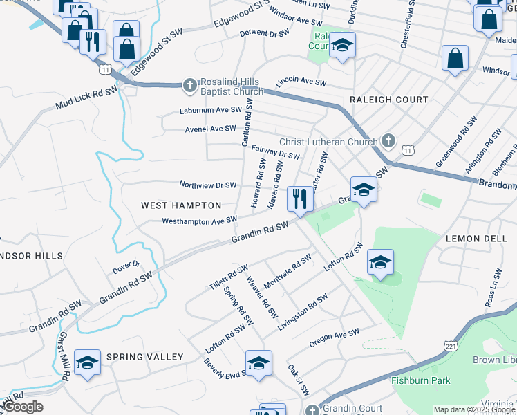 map of restaurants, bars, coffee shops, grocery stores, and more near 2382 Howard Road Southwest in Roanoke