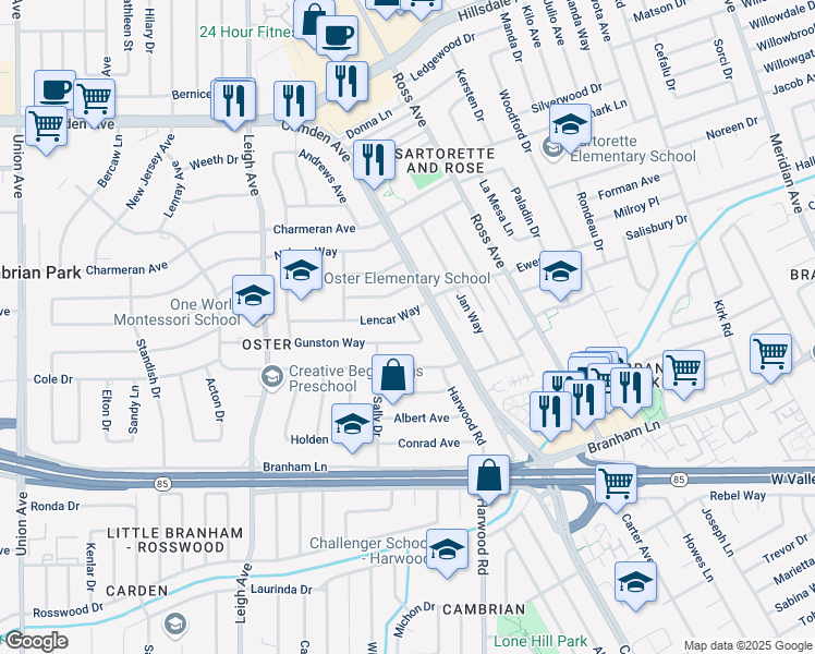 map of restaurants, bars, coffee shops, grocery stores, and more near 4300 Gayle Drive in San Jose