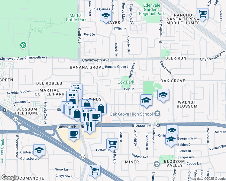 map of restaurants, bars, coffee shops, grocery stores, and more near 233 Coy Drive in San Jose