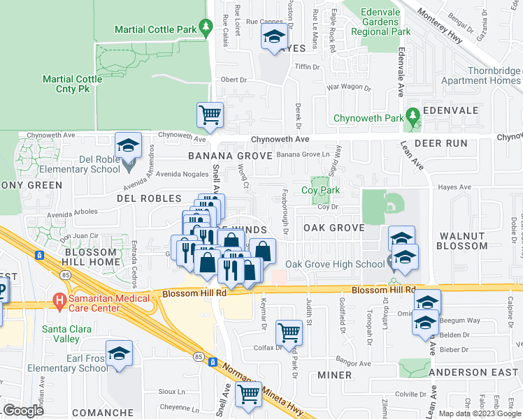 map of restaurants, bars, coffee shops, grocery stores, and more near 5298 Borneo Circle in San Jose