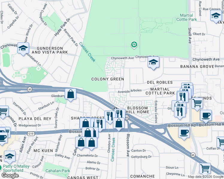 map of restaurants, bars, coffee shops, grocery stores, and more near 433 Colony Cove Drive in San Jose
