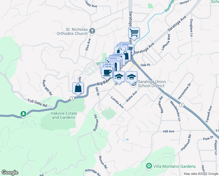 map of restaurants, bars, coffee shops, grocery stores, and more near 14602 Big Basin Way in Saratoga