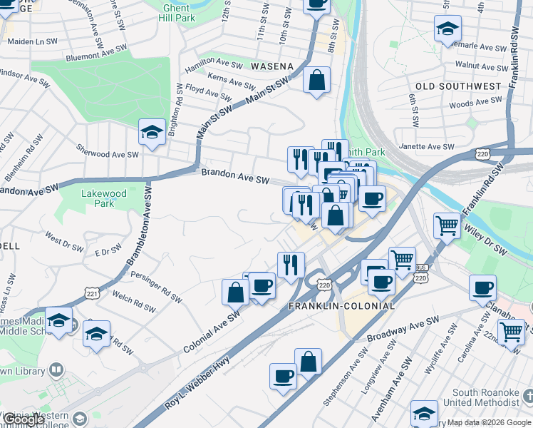 map of restaurants, bars, coffee shops, grocery stores, and more near 763 Oakwood Drive Southwest in Roanoke