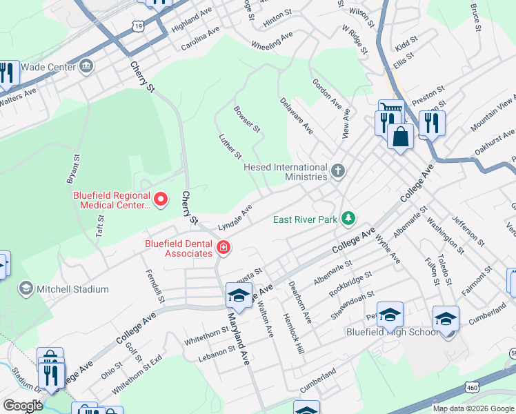 map of restaurants, bars, coffee shops, grocery stores, and more near 919 Lyndale Avenue in Bluefield