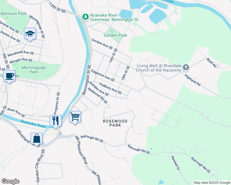map of restaurants, bars, coffee shops, grocery stores, and more near 1725 Padbury Avenue Southeast in Roanoke