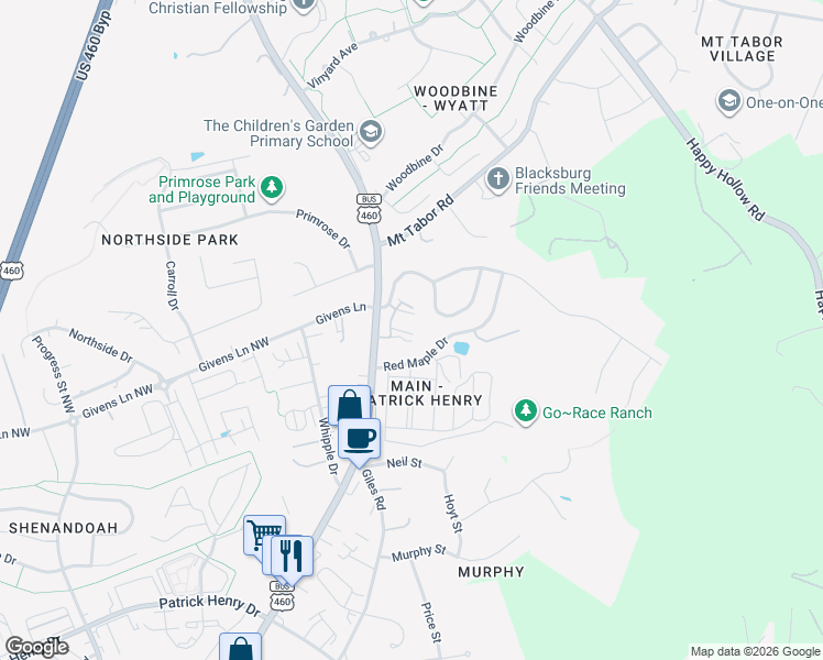 map of restaurants, bars, coffee shops, grocery stores, and more near 206 Mountain Breeze Drive in Blacksburg