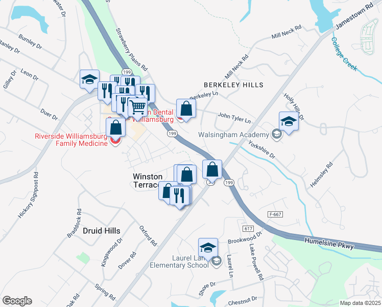 map of restaurants, bars, coffee shops, grocery stores, and more near Humelsine Parkway in Williamsburg